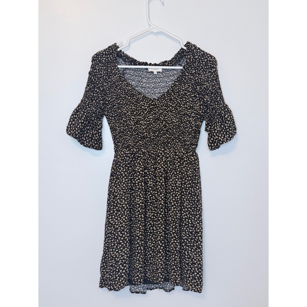 Bohme Floral Smocked‎ Mini Dress Black Cream Short Sleeve V-Neck Small Boho